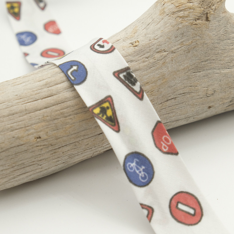 25MM Printed Bias Tape, Traffic Pattern on White Background - Maison Klem